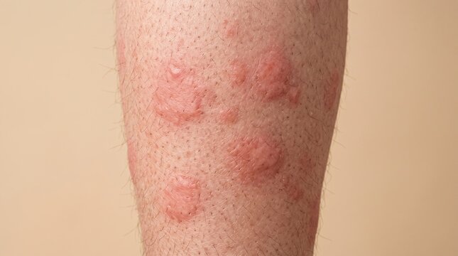Severe allergic reaction showing multiple raised itchy hives urticaria wheals on human leg