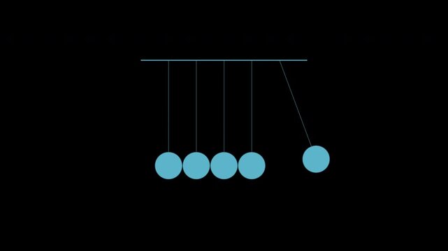 Blue newton cradle swinging balls, physics momentum demonstration loop, transparent background