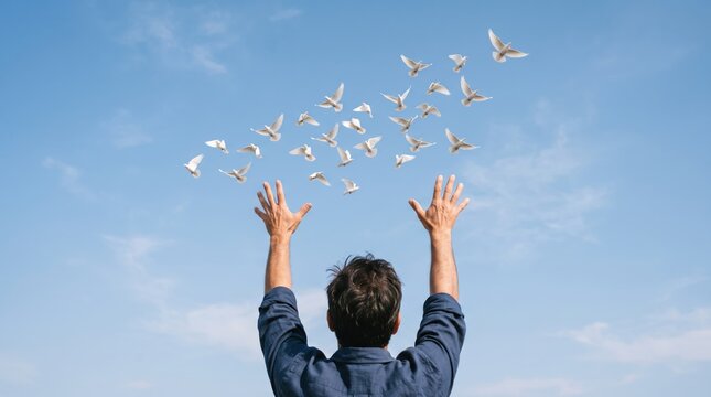 Man releasing flock of white doves into blue sky with hands raised, symbolizing freedom, peace, hope, spirituality, liberation, letting go, emotional release, new beginning