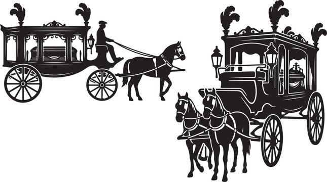 Vintage horse-drawn hearse silhouettes, Victorian funeral carriage vector set, antique mourning coach with casket and driver
