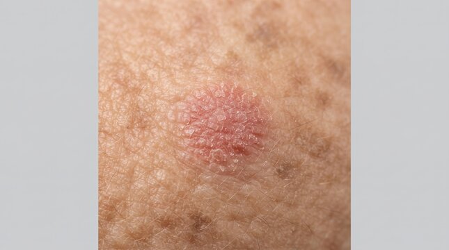 Macro view of a red scaly circular patch on human skin indicating actinic keratosis, ringworm, or basal cell carcinoma.