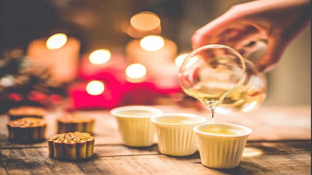 Hands Pouring Tea Beside Mooncakes on Rustic Table with Family Gathering Background