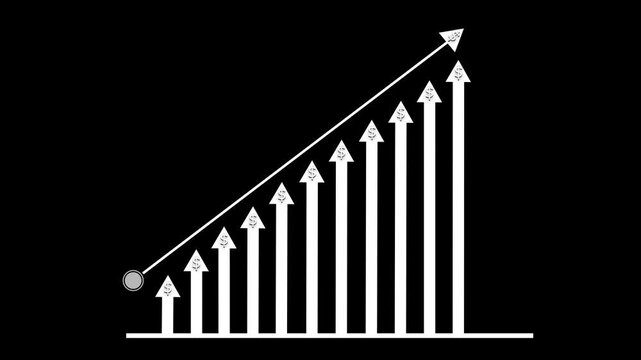Ascending bar-arrow growth chart animation, Bar-chart arrows and an upward diagonal arrow from left to right, minimalist financial growth concept