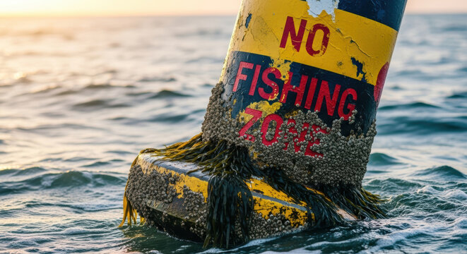 No fishing zone buoy covered with barnacles and seaweed in ocean water symbolizing health and preservation of marine life and environment