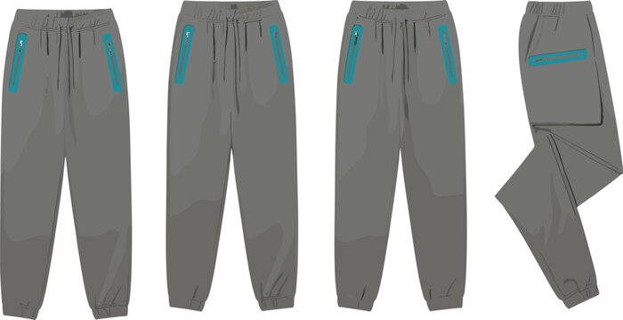 Grey Men Sweatpants Vector Mockup Set with Zipper Pockets and Drawstring Waistband Isolated on White Background