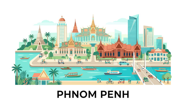 Colorful illustrated skyline of Phnom Penh featuring historic temples and modern skyscrapers with river activity and lush greenery