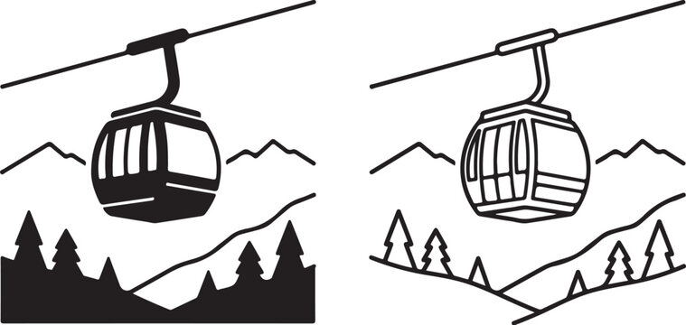 Minimalist cable car icons, mountain gondola lift vector set, winter ski resort transport symbols, black and white alpine landscape graphics