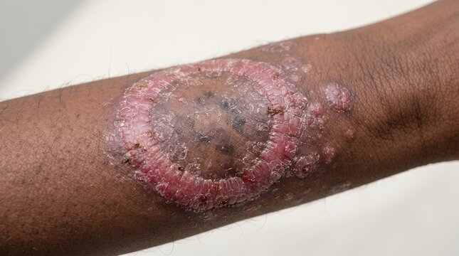 Close-up of a large circular ringworm fungal infection or tinea corporis lesion on a dark-skinned arm.