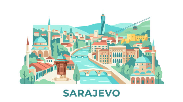 Colorful illustrated cityscape of sarajevo capturing diverse architecture and scenic views