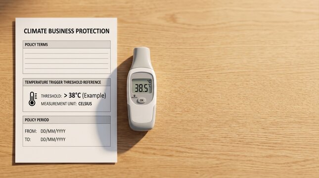 Climate business protection insurance policy with digital infrared thermometer reading 38.5&deg;C on wooden desk