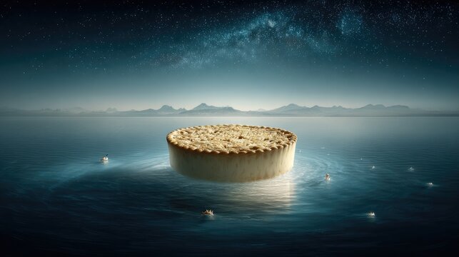 Surreal Giant Glowing Mooncake Floating Above Lake with Mountain Reflection at Night