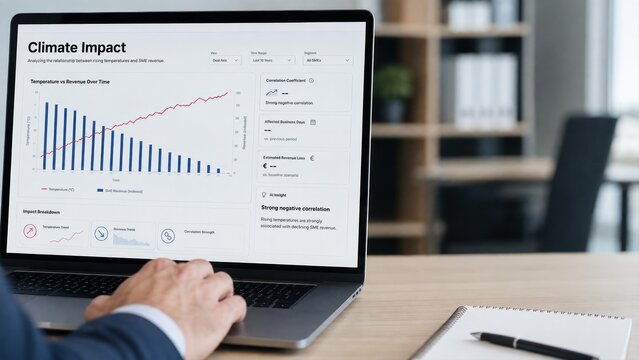 Executive analyzing climate impact dashboard showing negative correlation between rising temperatures and SME revenue on laptop