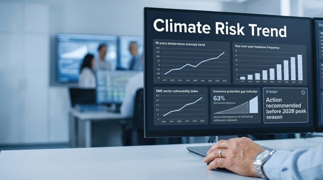 Executive analyzing climate risk trends and insurance protection gap dashboard on computer monitor in corporate office