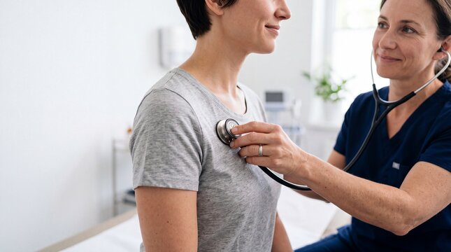Medical Checkup: A female doctor in blue scrubs uses a stethoscope to listen to a patient's chest, providing compassionate healthcare in a bright clinic setting.