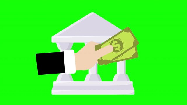 Cash Withdrawal and Financial Transaction Illustration with Hand Holding Money at ATM Machine, Green Screen Background