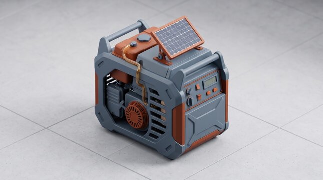 off grid microgrid solution resources efficiency concept. Portable solar-powered generator with control panel on tiled surface