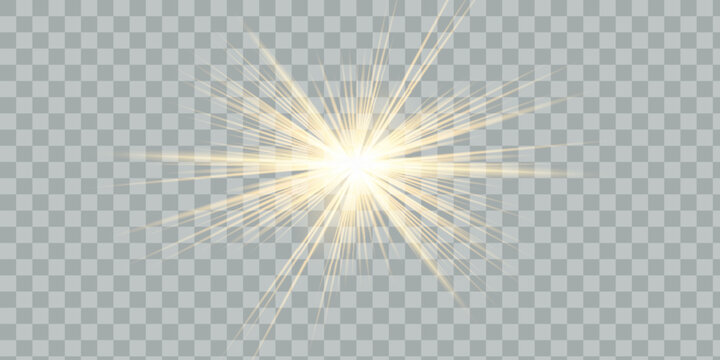 Transparent Golden Sun Rays PNG with Bright Lens Flare, Optical Shine, Radiant Glow Effect.