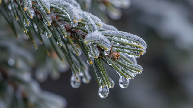 Glistening Frosty Pine Needles with Water Droplets in Winter