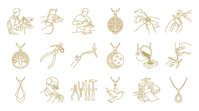 Jewelry Making  Goldsmith Craft Line Art Icons. Handmade Pendants, Tools  Production Process Outline Set.