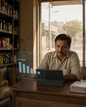 Worried small shop owner analyzing declining weekly sales chart on tablet hologram in store