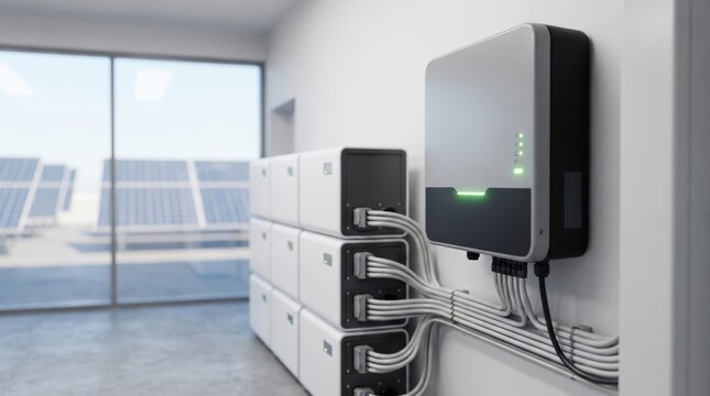 off grid microgrid solution resources efficiency concept. Wall-mounted solar inverter with energy storage batteries inside a modern room.