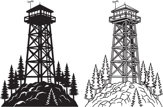 Vintage fire lookout tower vector, rustic forest watchtower silhouette, outdoor adventure mountain station icons