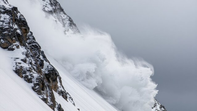Snow Avalanche Cascading Down Mountain Peak in Winter Landscape