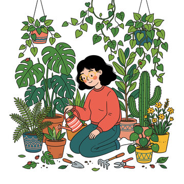 cute girl watering house plants illustration bohemian plant lady monstera cactus fern pilea indoor garden hobby wall art tapestry poster tshirt laser cutting stationery print artwork
