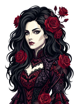 gothic vampire woman portrait dark romance victorian countess red roses black lace dress halloween fantasy occult dark academia wall art poster dtg print vinyl decal graphic artwork
