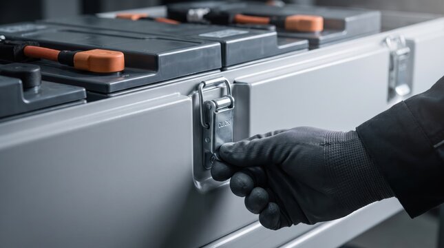 off grid microgrid solution resources efficiency concept. Hand in glove opening a metal industrial toolbox with latches.