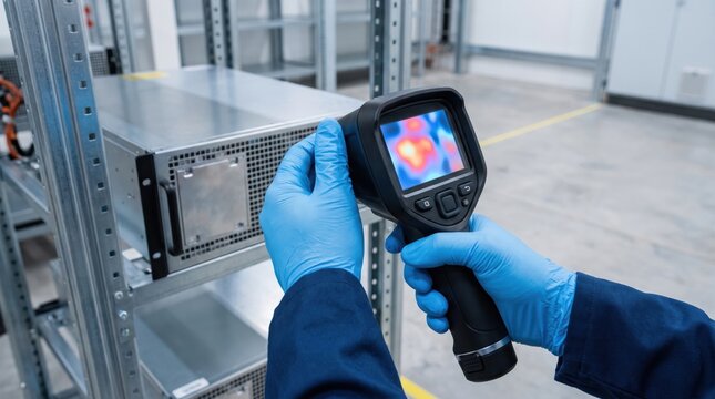 off grid microgrid solution resources efficiency concept. Technician using a thermal camera to inspect industrial equipment indoors.