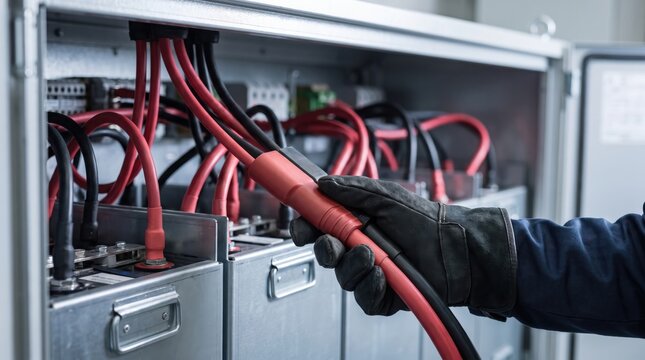 off grid microgrid solution resources efficiency concept. Electrician inspecting or repairing battery bank with red cables in a control panel.