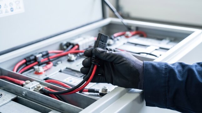 off grid microgrid solution resources efficiency concept. Technician repairing or inspecting electrical battery connections with gloved hand.