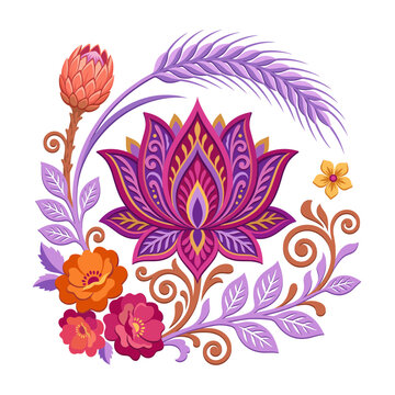 ornate purple lotus flower botanical wreath wheat spike protea blossoms bohemian folk art spiritual apparel tshirt design screen printing embroidery patch sticker decal graphic print artwork

