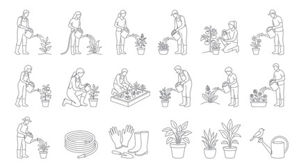 Obraz premium Black White Outline Line Art Gardening and Watering Plants Icons Set. People Cultivating Home Garden, Tools.