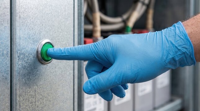 off grid microgrid solution resources efficiency concept. Hand with blue glove pressing a green button on a metal control panel