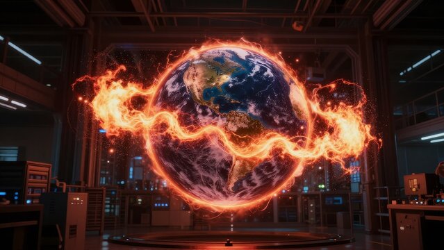Fiery Globe Surrounded by Energetic Waves in Futuristic Lab Setting