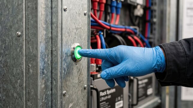 off grid microgrid solution resources efficiency concept. Technician in blue glove pressing power button on industrial electrical panel.
