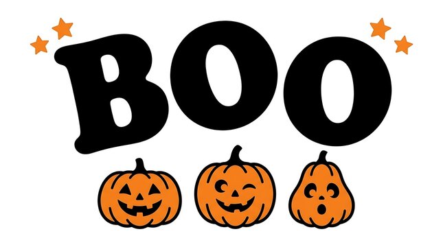 Hand drawn halloween illustration with boo text and jack o lantern pumpkins