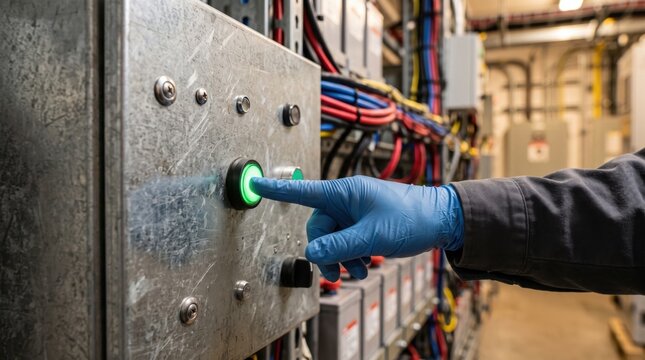 off grid microgrid solution resources efficiency concept. Hand in glove pressing a green button on industrial electrical control panel.