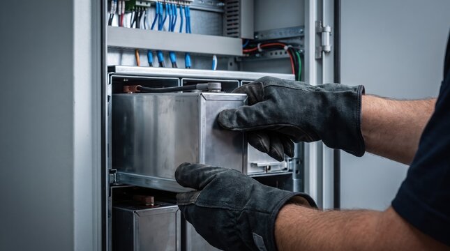 off grid microgrid solution resources efficiency concept. Technician installing or maintaining electrical components inside a control panel.