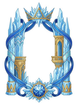 fantasy ice queen crystal frame frozen castle spires crown sapphire gemstone ribbon oval border magic winter fairytale rpg photo template invitation greeting card print design artwork
