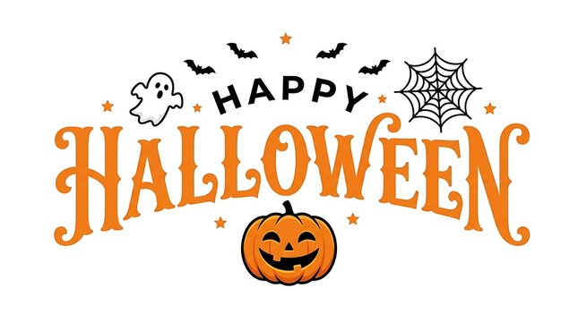 Festive happy halloween lettering with spooky elements like bats and a jackolantern