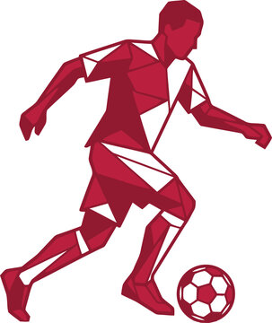 Red geometric silhouette of a soccer player running with a ball