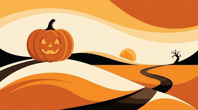 Halloween pumpkin over a winding road with a spooky autumn landscape backdrop