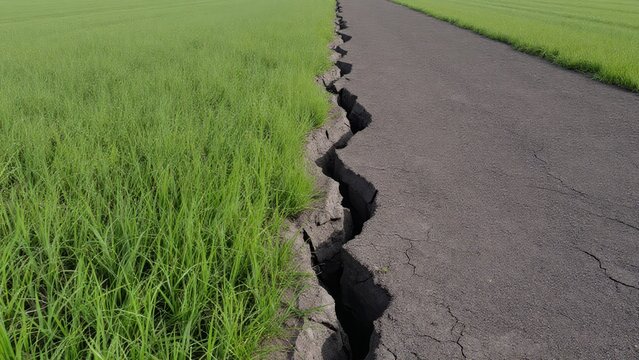 Cracked Earth Showing Contrast Between Green Grass and Dry Road