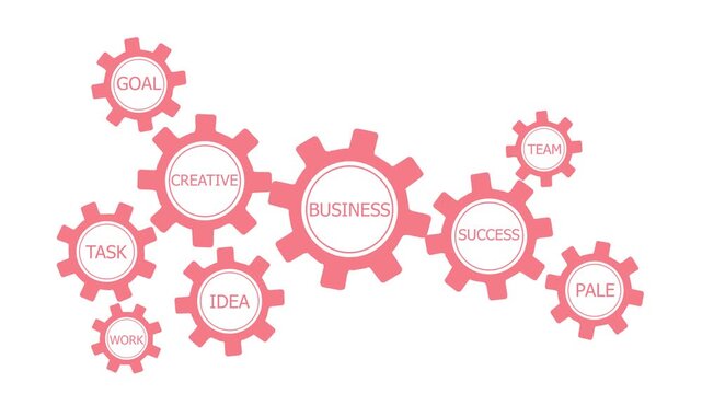 Monochrome business concept graphic , Interconnected business gears concept over world map animation on white background