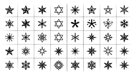 Fototapeta premium Star and asterisk symbols set with minimalist line art featuring gold, silver, and black icons with geometric shapes and abstract patterns