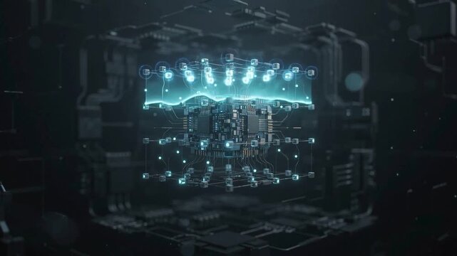 Intricate futuristic technology powering up with glowing blue energy circuits and holographic interface in a dark, industrial sci-fi environment.