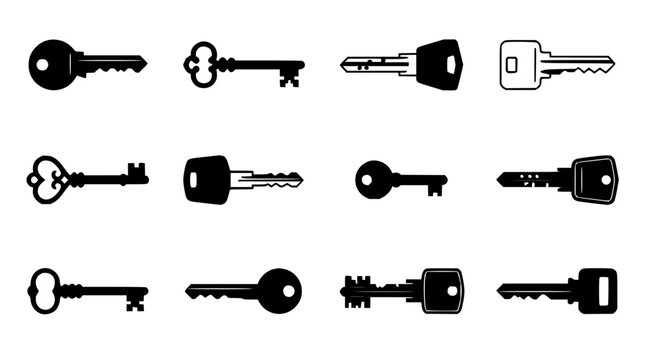 Twelve keys set with flat lay arrangement featuring house, car, office, and luggage keys with metallic finish and shadows